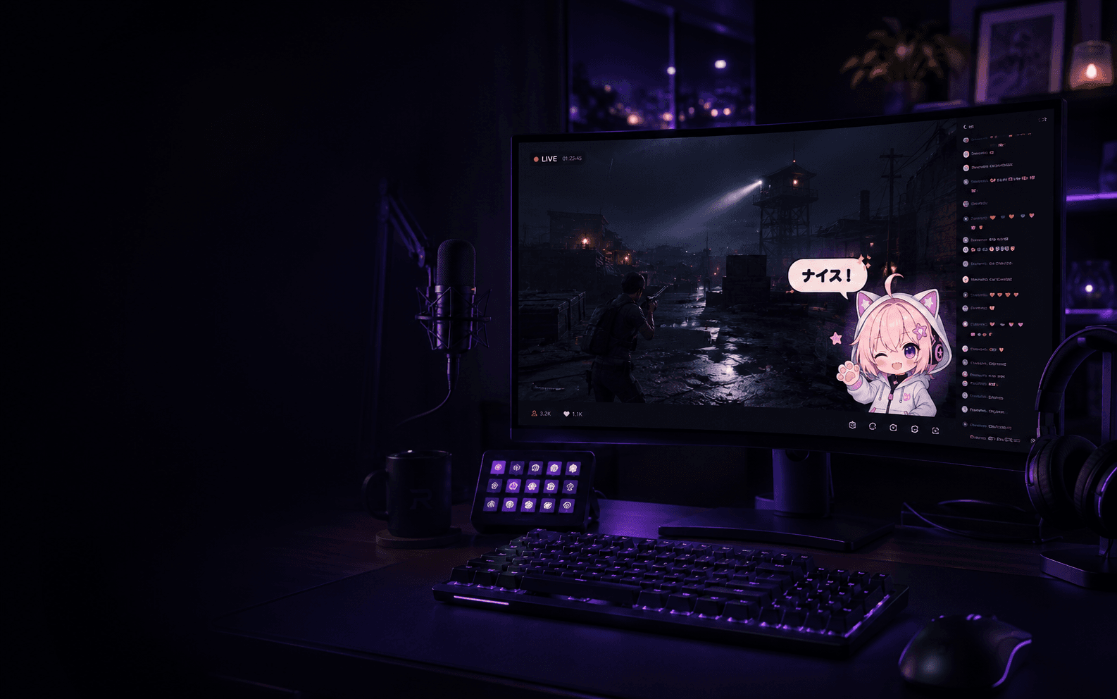 配信画面にLumiとコメント表示を重ねたRYVI Mateの利用イメージ