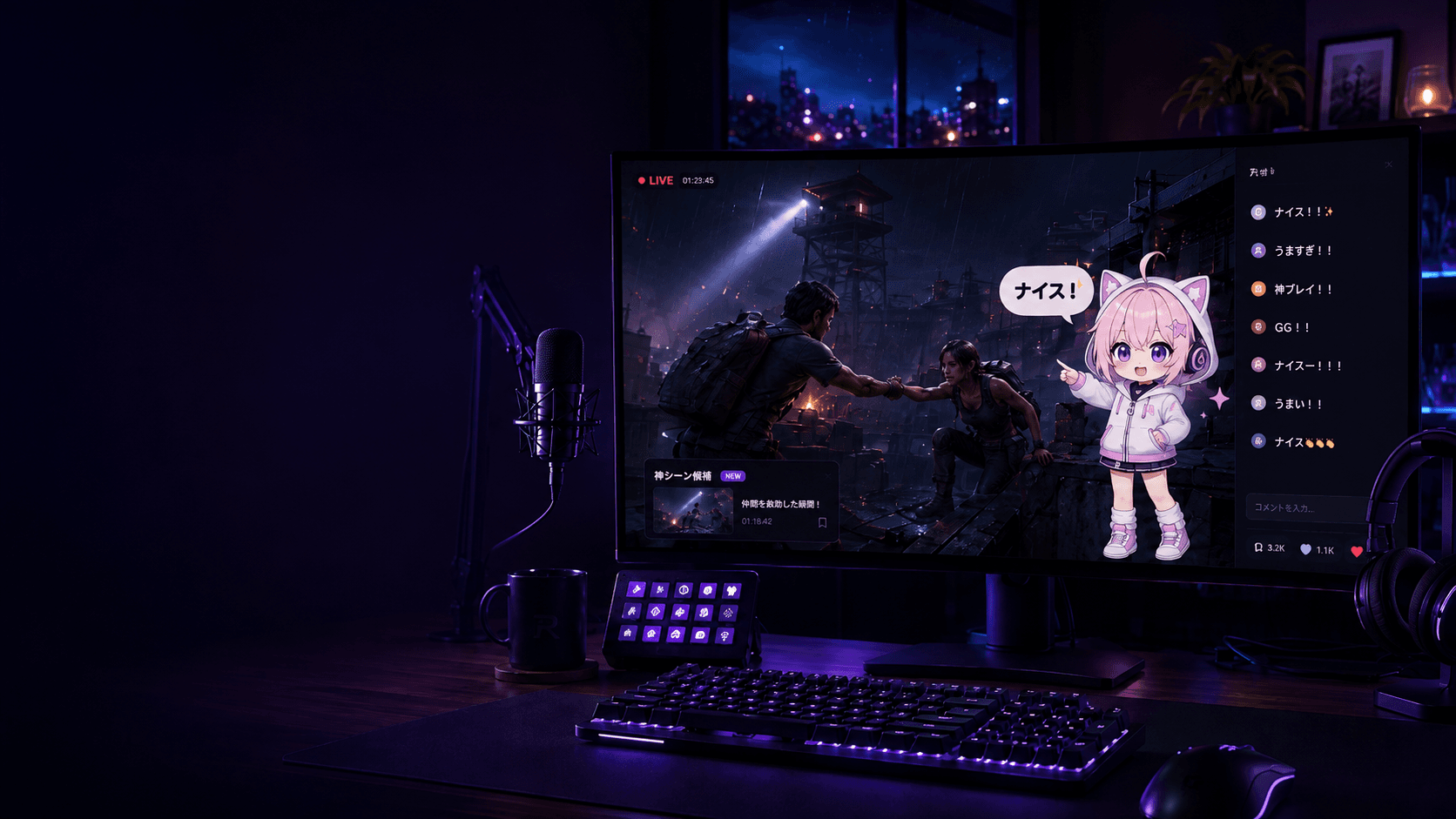 ゲーム配信画面でLumiがナイスプレイにリアクションするRYVI Mateの利用イメージ